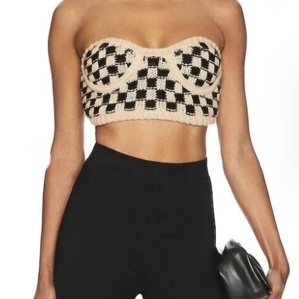 For Love & Lemons: Plaid Print strapless Crop Top